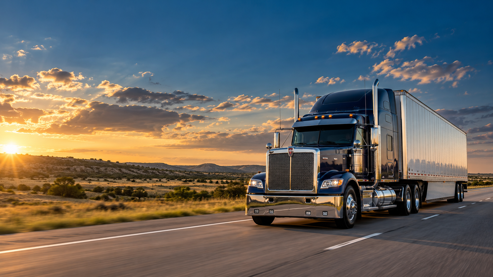 An American semi truck hauling a dry van on a Texas highway at sunset